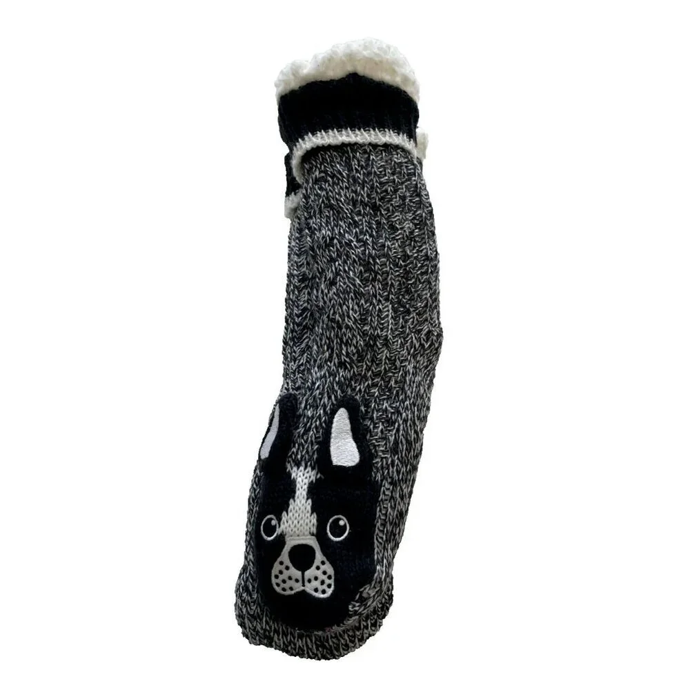 NEW Womens Black White Dog Knit Slipper Socks Grips Sherpa